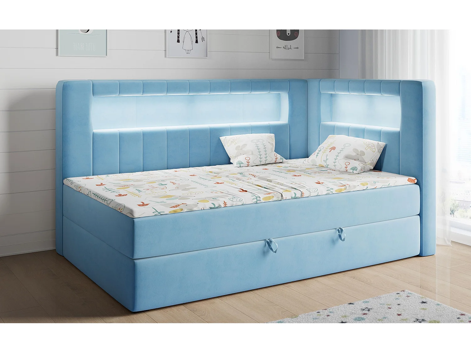 Kinderbett JUNIOR GOLD 3 - Einzelbett mit Matratze, LED-Beleuchtung, Bettkasten - 90x200 cm - Rechts Seite