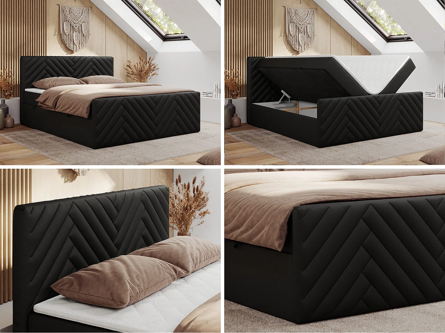 Boxspringbett PARIS DUO - Polsterbett mit genähtem Kopfteil und Frontplatte, Doppelbett, zwei Bettkästen - 160x200 cm - H3 - Schwarz Kunstleder