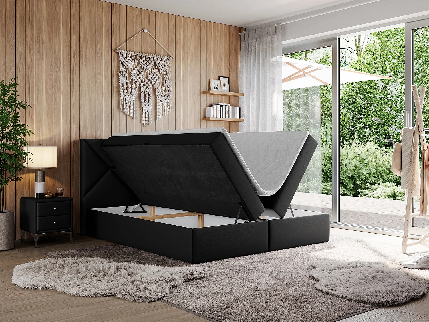 Boxspringbett NEOMI - dekorativem Kopfteil, Polsterbett mit Multipocket-Matratzen, zwei Bettkästen - 140x200 cm - H3 - Hellgrau Strukture