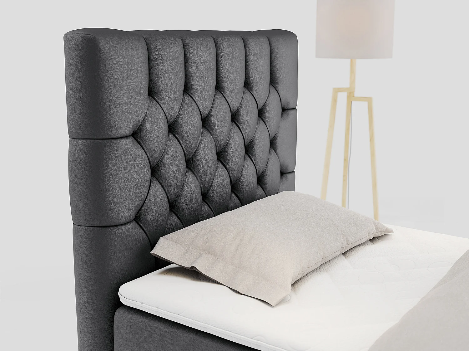 Boxspringbett PERA - Einzelbett mit Kopfstütze, Polsterbett, Multipocket-Matratze, genähtes Kopfteil - 90x200 cm - H3 - Dunkelgrau Kunstleder - Links Seite