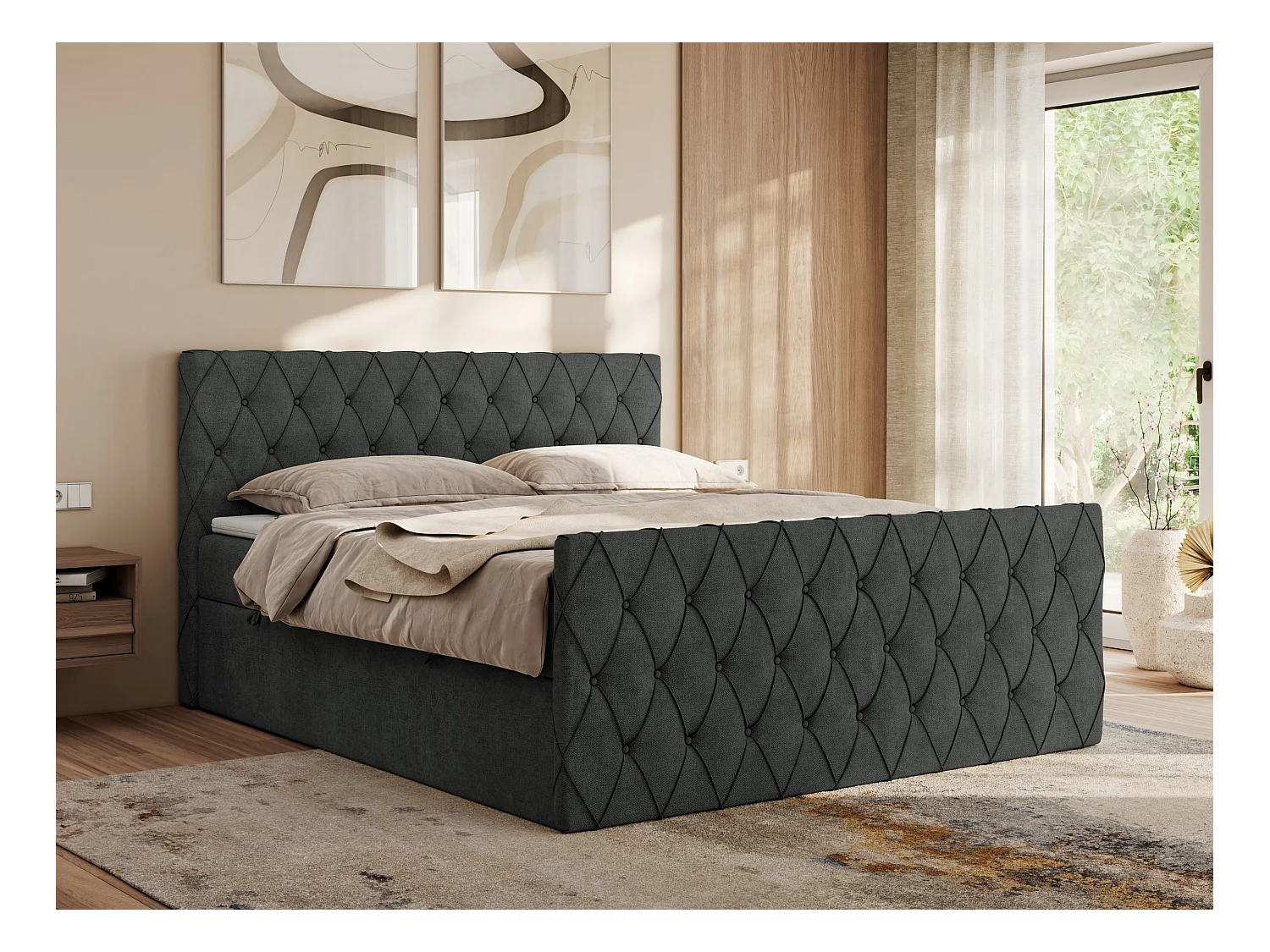 Boxspringbett MIREN DUO - mit gestepptem Kopfteil und Front, Multipocket-Matratze, zwei Bettkästen - 180x200 cm - H3 - Dunkelgrau Strukture