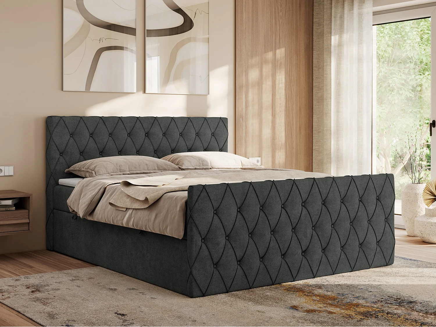 Boxspringbett MIREN DUO - mit gestepptem Kopfteil und Front, Multipocket-Matratze, zwei Bettkästen - 180x200 cm - H3 - Dunkelgrau Strukture