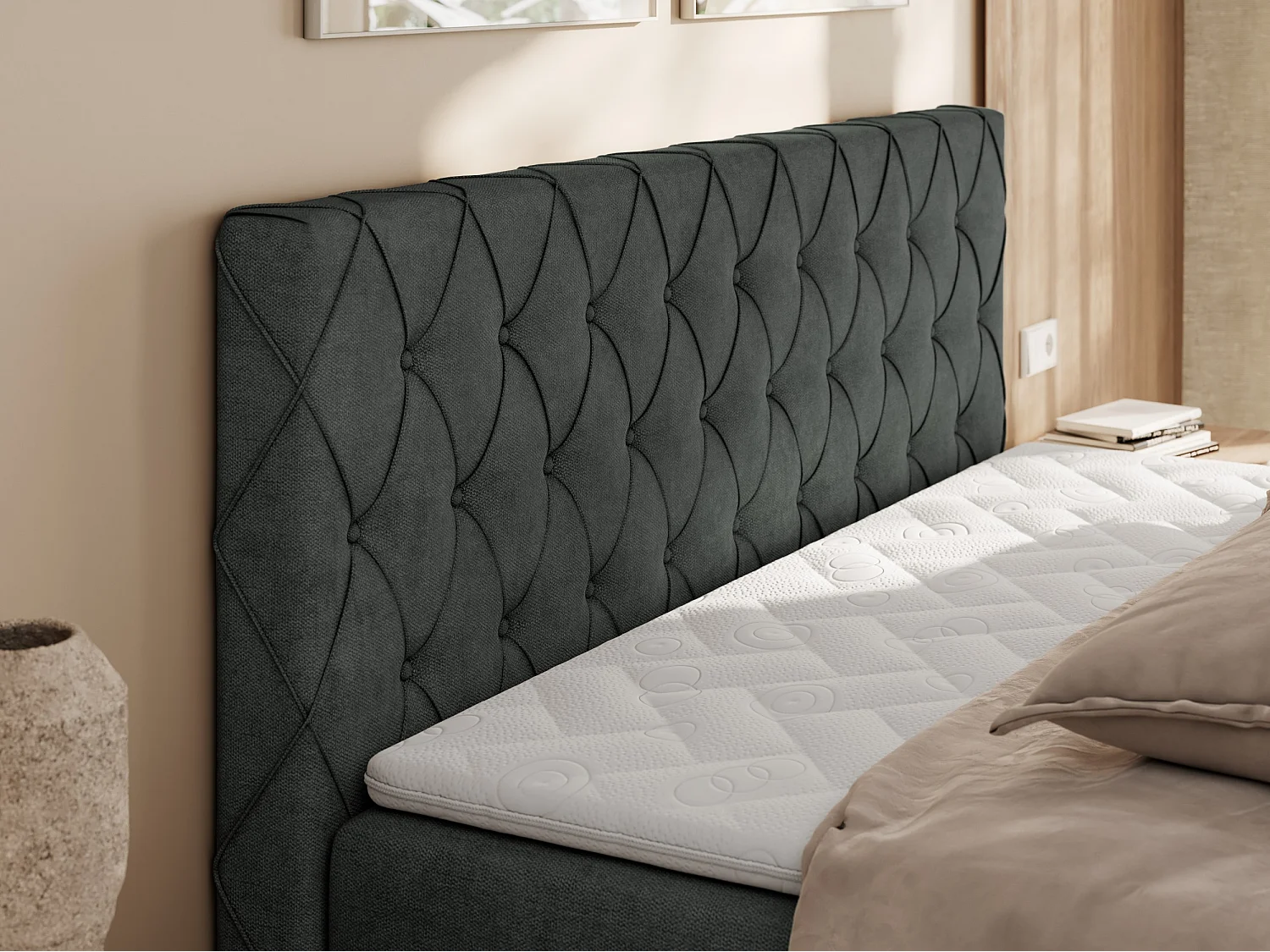 Boxspringbett MIREN DUO - mit gestepptem Kopfteil und Front, Multipocket-Matratze, zwei Bettkästen - 180x200 cm - H3 - Dunkelgrau Strukture