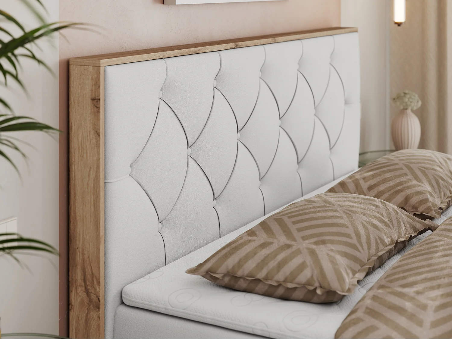 Boxspringbett VENETO - gestepptem Kopfteil, Set mit Multipocket-Matratze und Topper, Holzrahmen, zwei Bettkästen - 140x200 cm - H4 - Weiß Kunstleder