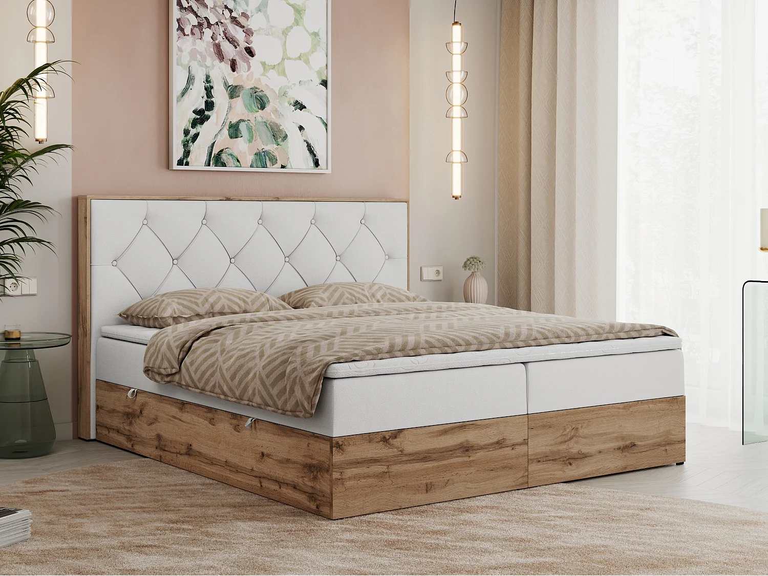 Boxspringbett VENETO - gestepptem Kopfteil, Set mit Multipocket-Matratze und Topper, Holzrahmen, zwei Bettkästen - 140x200 cm - H4 - Weiß Kunstleder