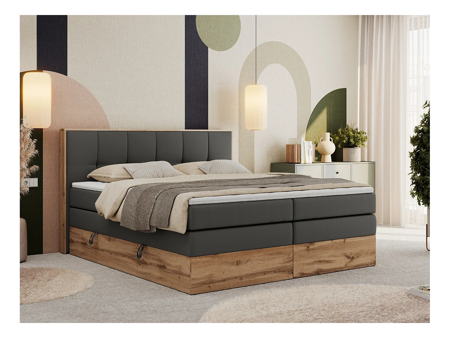 Boxspringbett ALBERO 1 KING - zwei 7 Härtezonen Multipocket-Matratzen, Doppelbett mit Stauraum, Eiche Wotan Holzrahmen - 140x200 cm - H3 - Dunkelgrau Kunstleder
