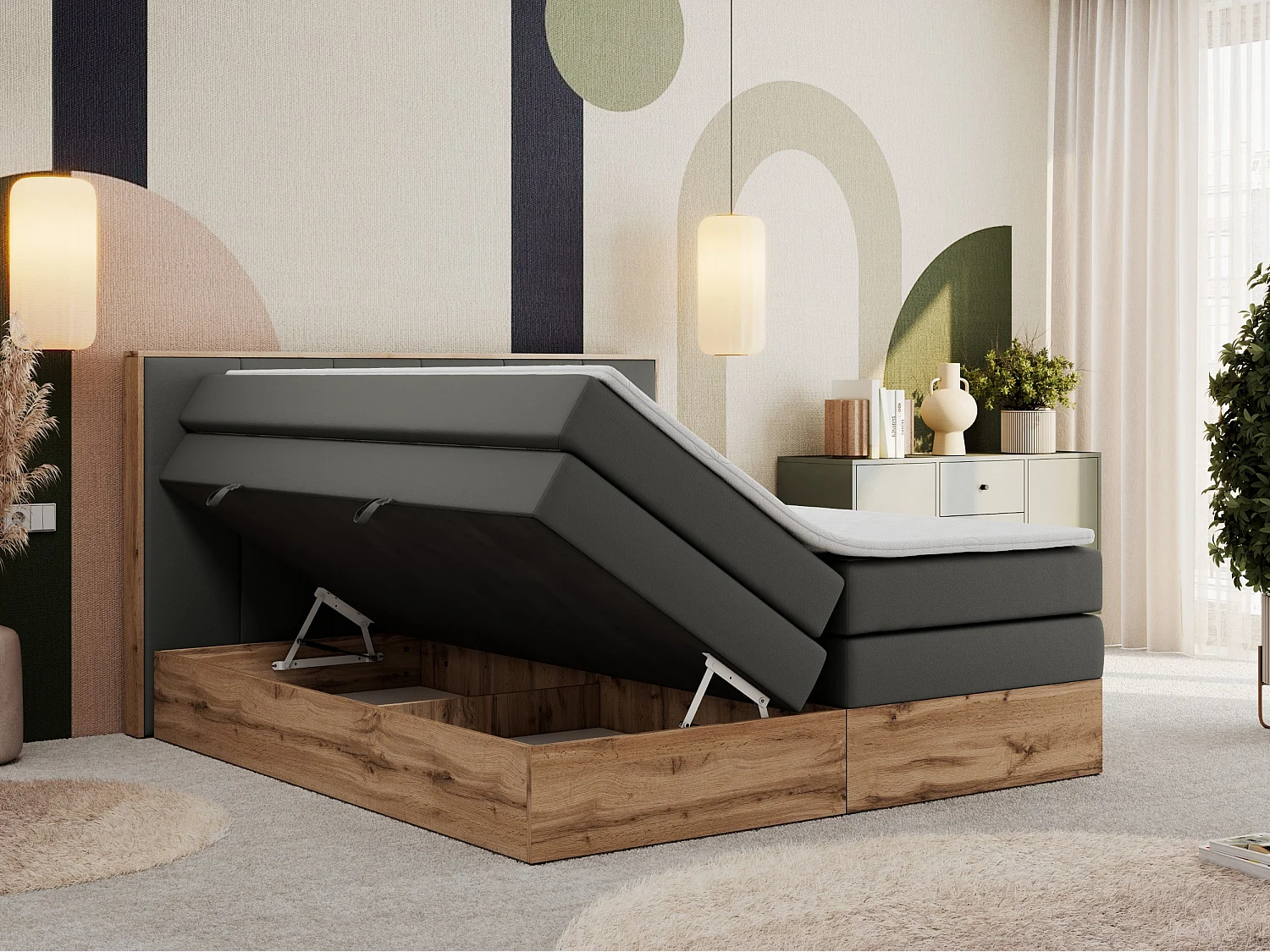 Boxspringbett ALBERO 1 KING - zwei 7 Härtezonen Multipocket-Matratzen, Doppelbett mit Stauraum, Eiche Wotan Holzrahmen - 140x200 cm - H3 - Dunkelgrau Kunstleder