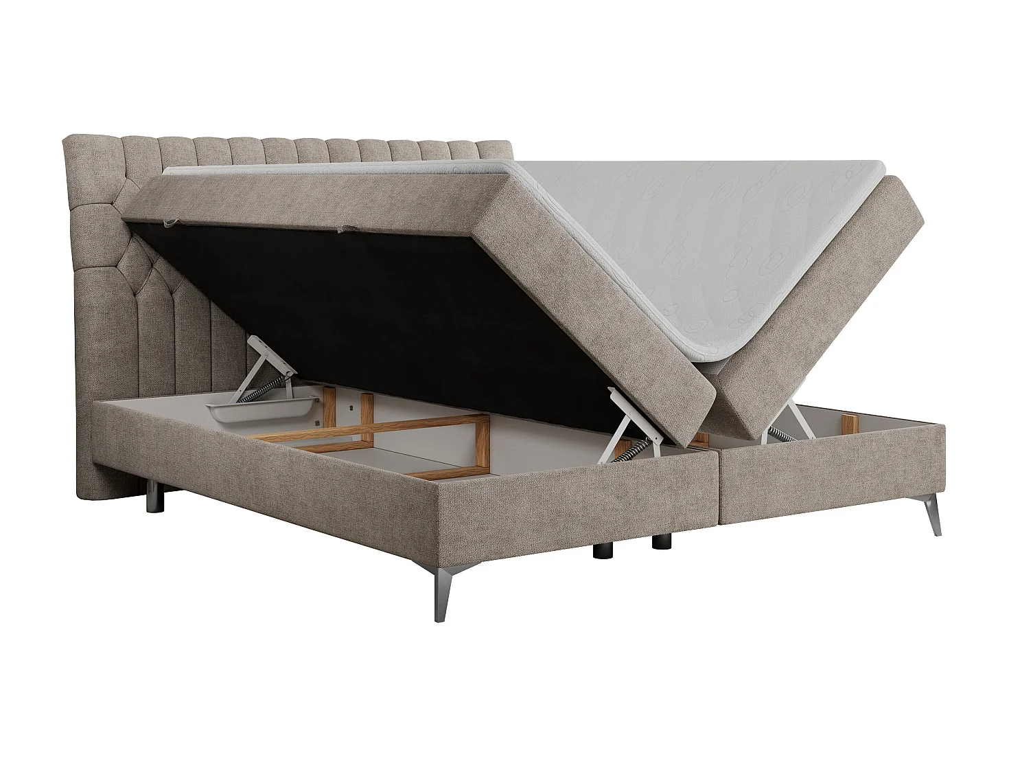 Boxspringbett MILEN - gepolstertes Schlafzimmerbett, zwei Multipocket-Matratze, dekorative hohe Beine - 180x200 cm - H4 - Beige Strukture