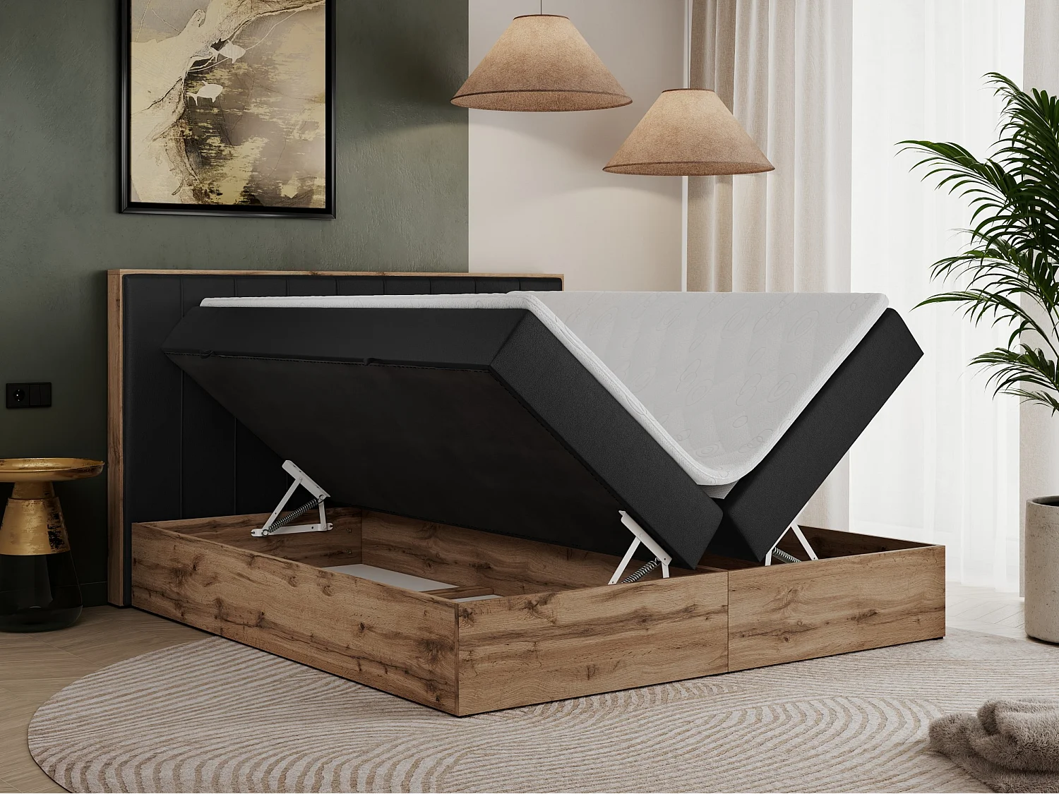 Boxspringbett BELLISSIMO - mit gestepptem Kopfteil, Polsterbett mit zwei Bettkästen, Multipocket-Matratze - 180x200 cm - H4 - Schwarz Kunstleder