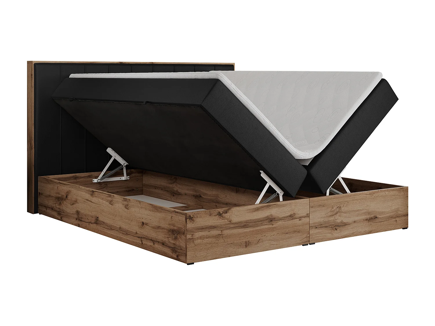 Boxspringbett BELLISSIMO - mit gestepptem Kopfteil, Polsterbett mit zwei Bettkästen, Multipocket-Matratze - 180x200 cm - H4 - Schwarz Kunstleder