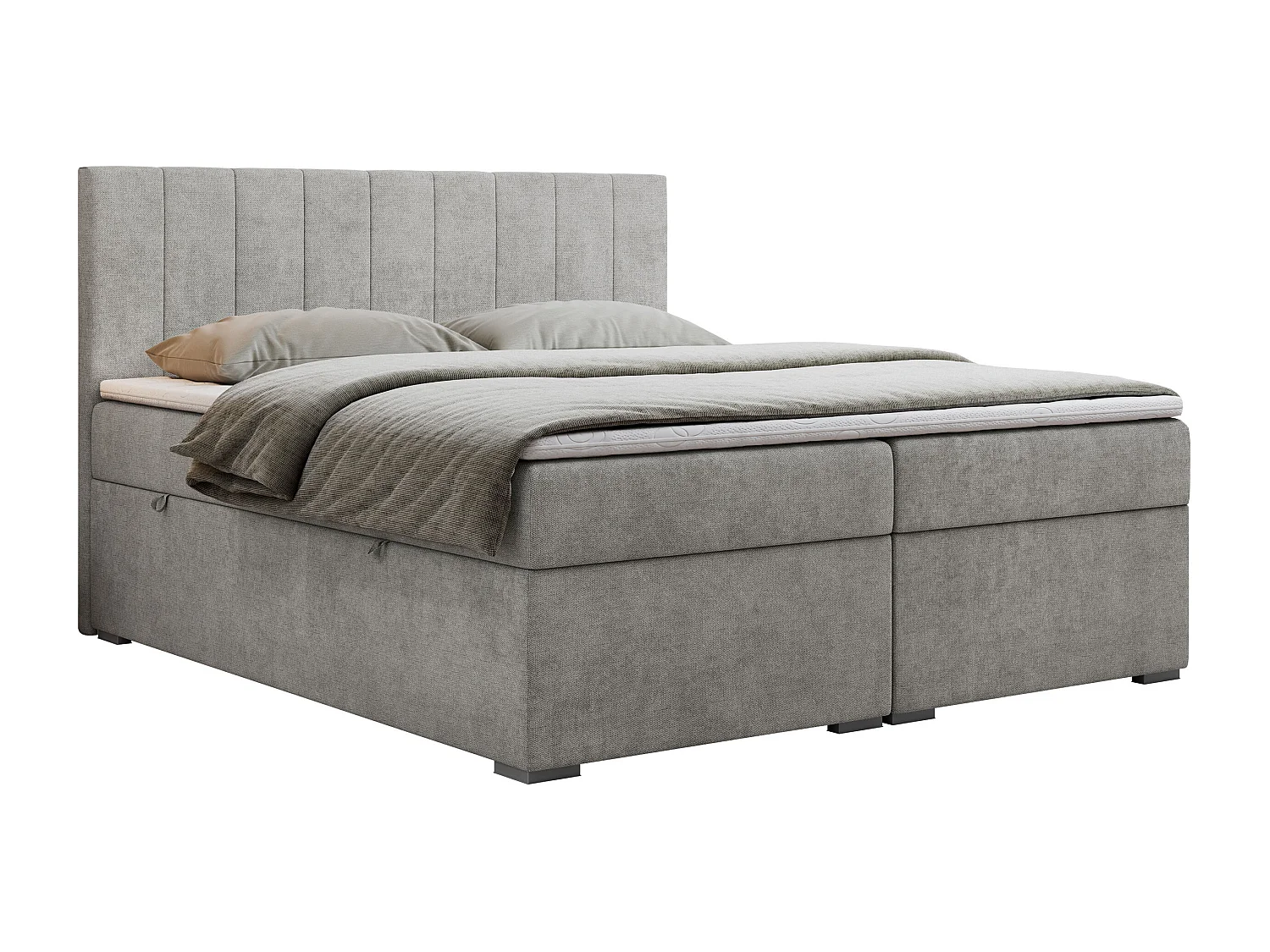 Boxspringbett LOPE - genähtes Kopfteil, Doppelbett mit Stauraum, Multipocket-Matratze, Topper - 120x200 cm - H4 - Hellgrau Strukture