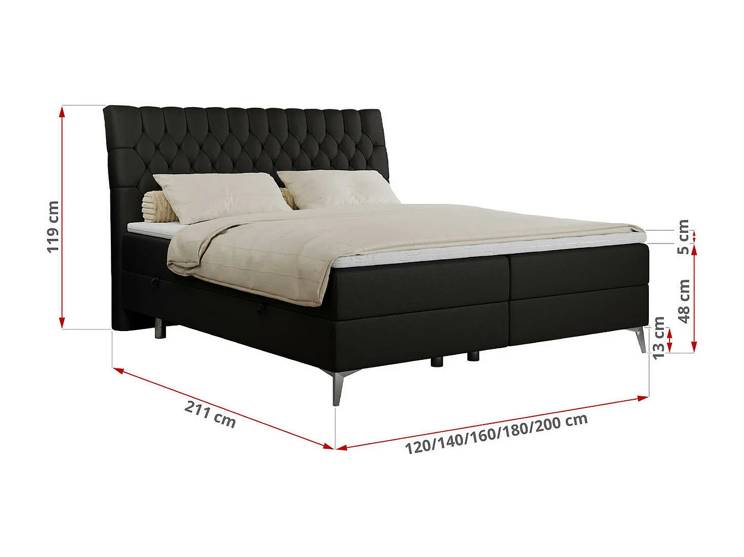 Boxspringbett MILEN - gepolstertes Schlafzimmerbett, zwei Multipocket-Matratze, dekorative hohe Beine - 140x200 cm - H4 - Schwarz Kunstleder