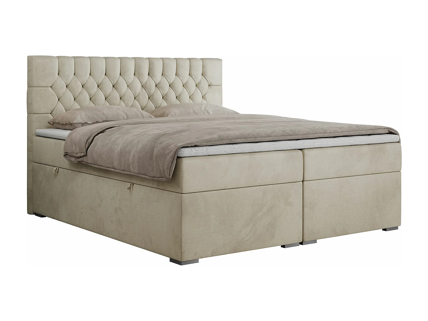Boxspringbett PERA - gesteppte Kopfstütze, Multipocket-Matratze und Topper, Doppelbett mit Stauraum - 180x200 cm - H4 - Beige Velvet