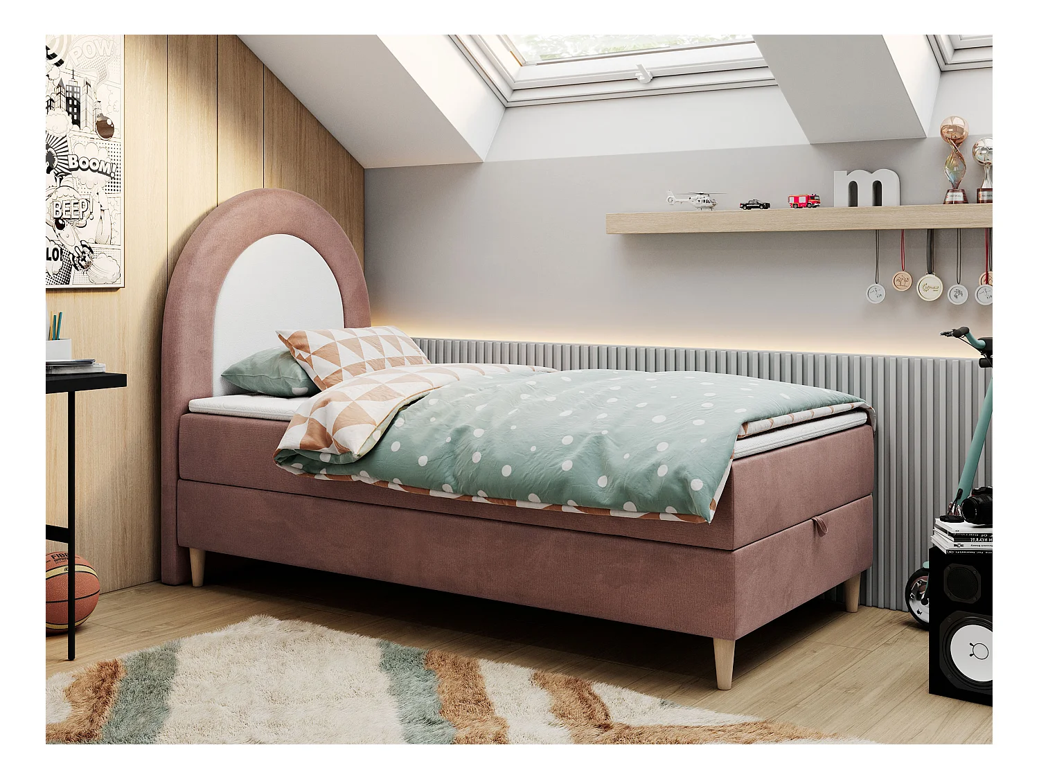 Kinderbett NEST - Boxspringbett für Kinder, mit hohem Kopfteil, Einzelbett mit Stauraum und Matratze - 90x180 cm - Rosa Velvet