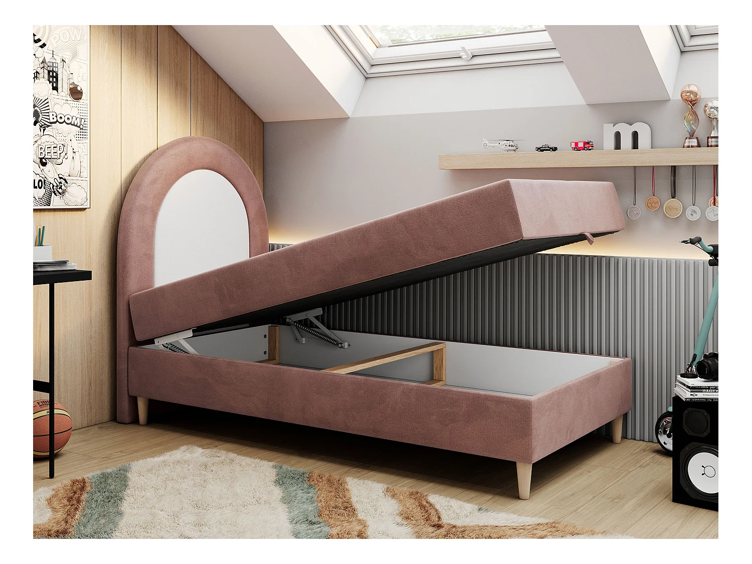 Kinderbett NEST - Boxspringbett für Kinder, mit hohem Kopfteil, Einzelbett mit Stauraum und Matratze - 90x180 cm - Rosa Velvet