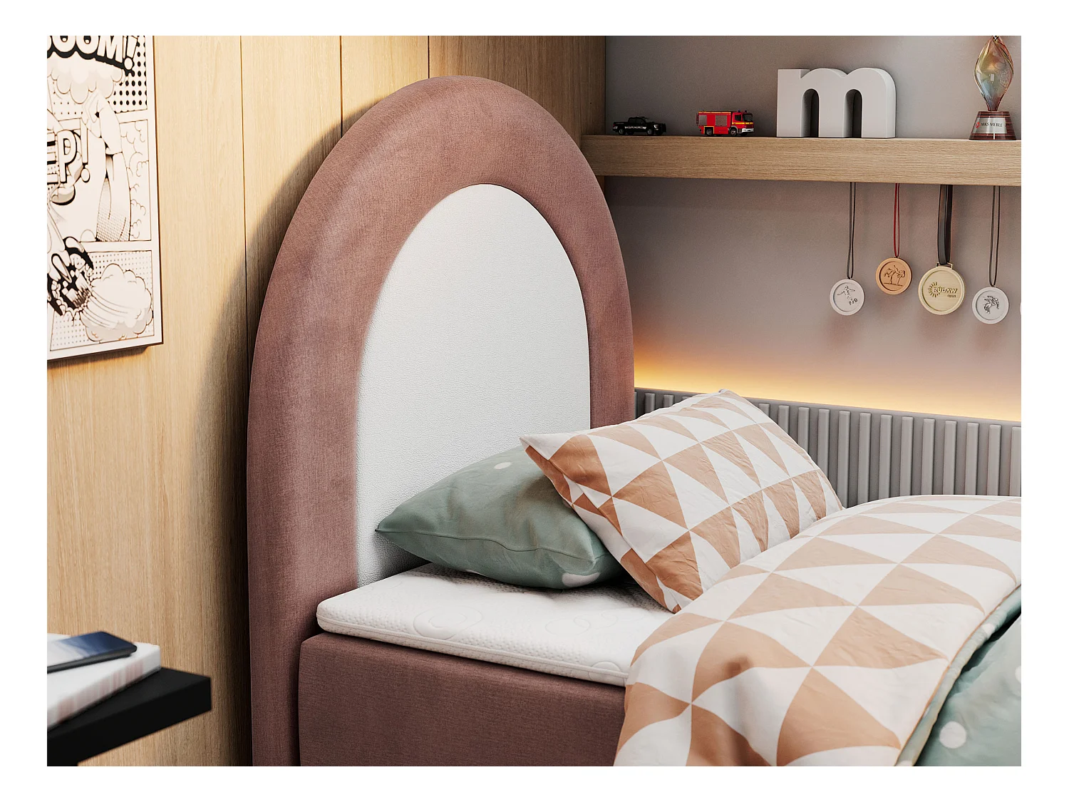 Kinderbett NEST - Boxspringbett für Kinder, mit hohem Kopfteil, Einzelbett mit Stauraum und Matratze - 90x180 cm - Rosa Velvet