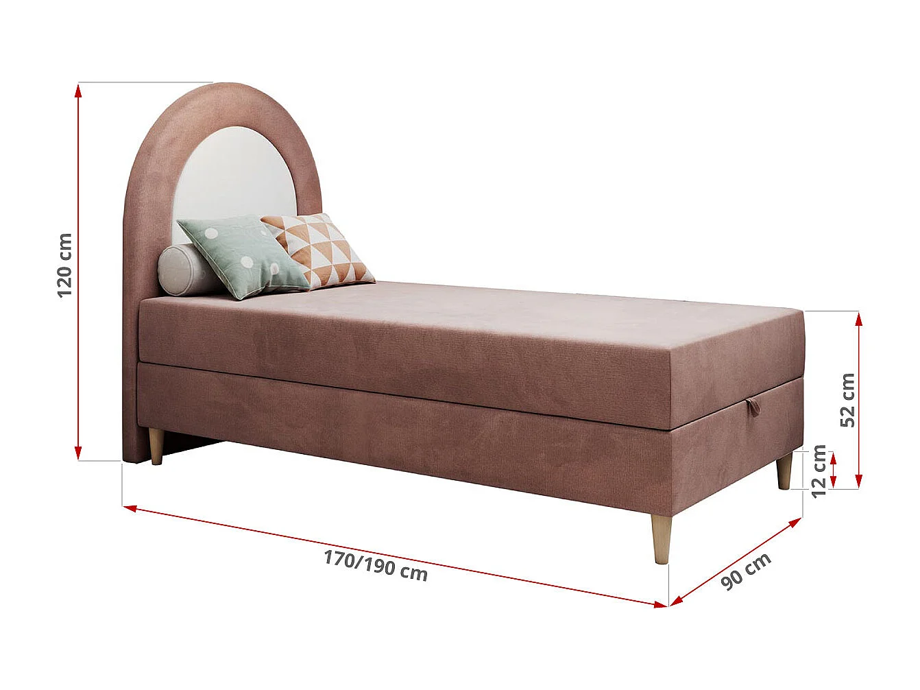 Kinderbett NEST - Boxspringbett für Kinder, mit hohem Kopfteil, Einzelbett mit Stauraum und Matratze - 90x180 cm - Rosa Velvet