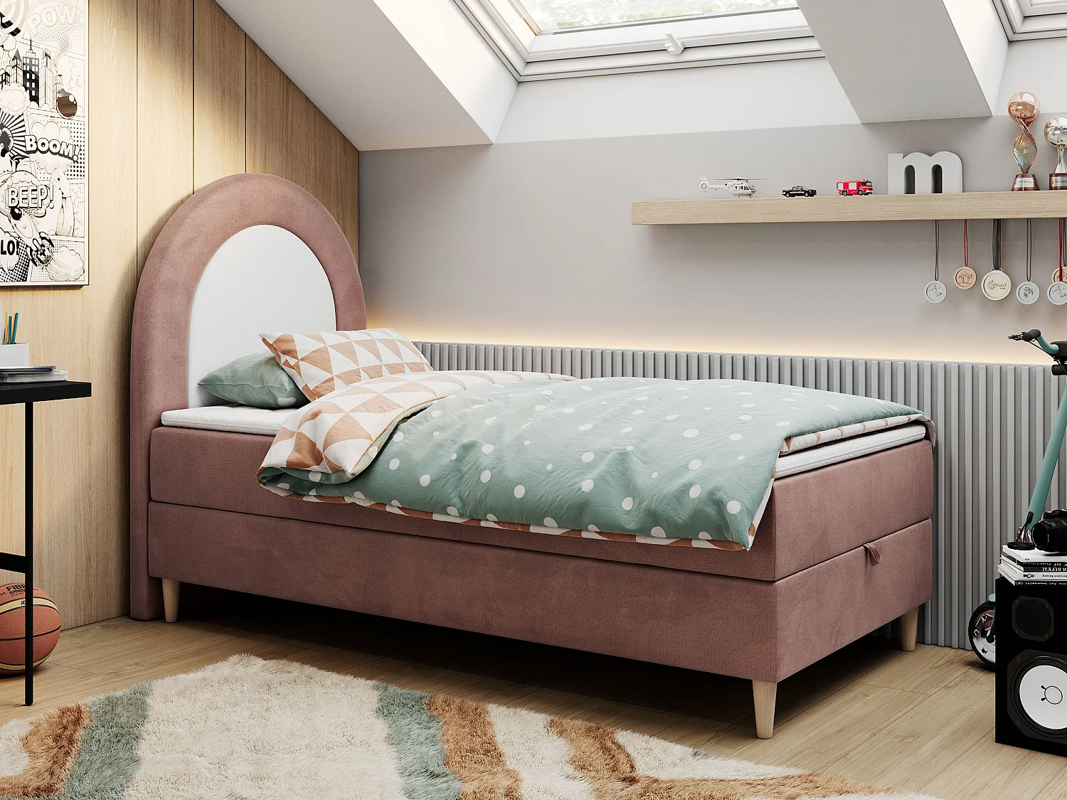 Kinderbett NEST - Boxspringbett für Kinder, mit hohem Kopfteil, Einzelbett mit Stauraum und Matratze - 90x180 cm - Rosa Velvet