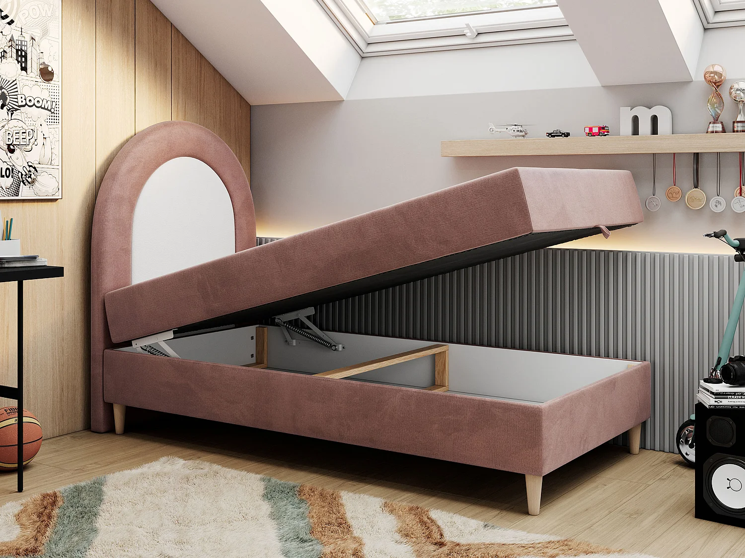 Kinderbett NEST - Boxspringbett für Kinder, mit hohem Kopfteil, Einzelbett mit Stauraum und Matratze - 90x180 cm - Rosa Velvet