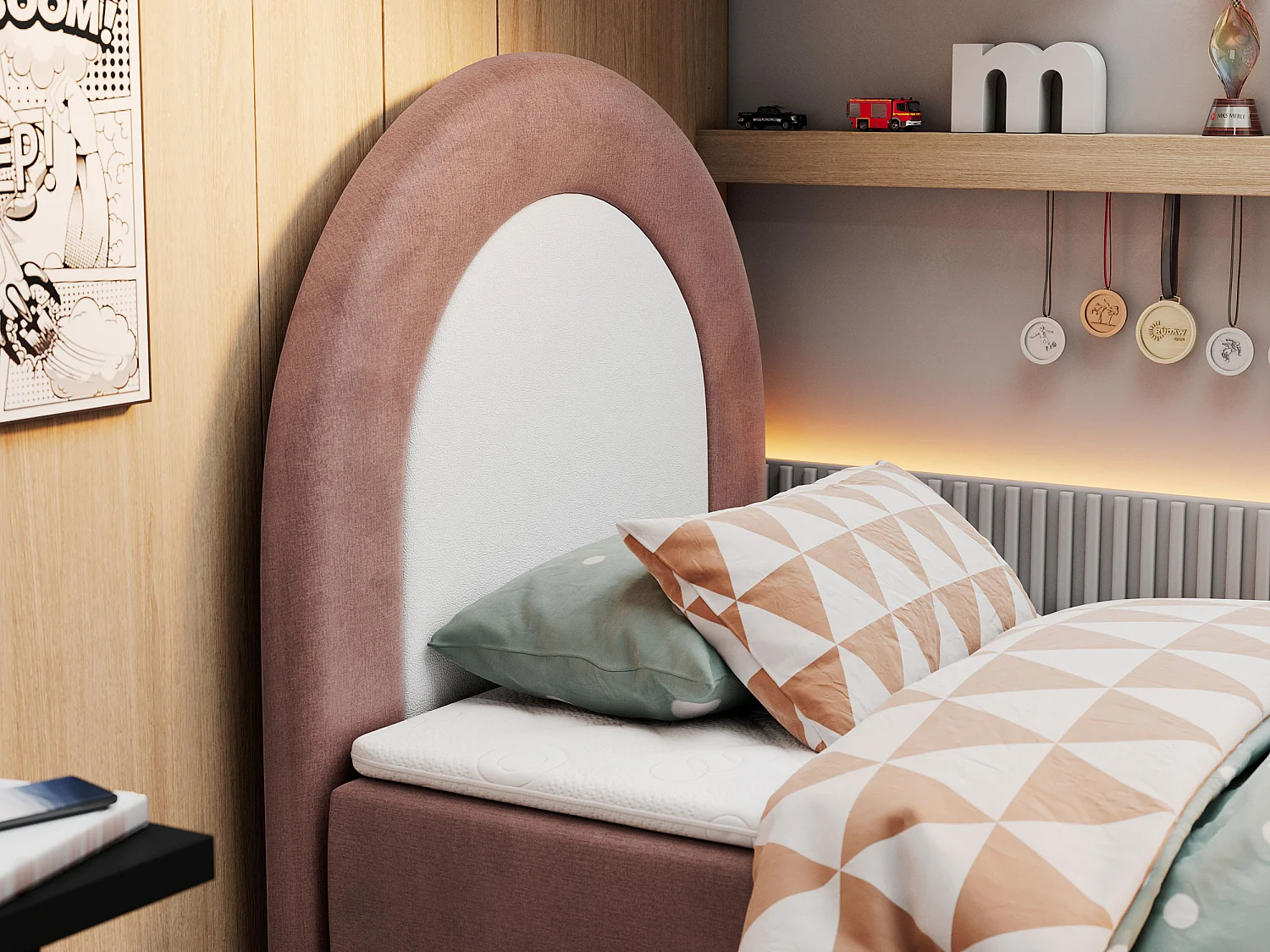 Kinderbett NEST - Boxspringbett für Kinder, mit hohem Kopfteil, Einzelbett mit Stauraum und Matratze - 90x180 cm - Rosa Velvet