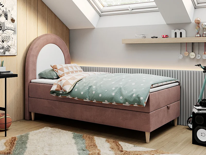 Kinderbett NEST - Boxspringbett für Kinder, mit hohem Kopfteil, Einzelbett mit Stauraum und Matratze - 90x180 cm - Rosa Velvet