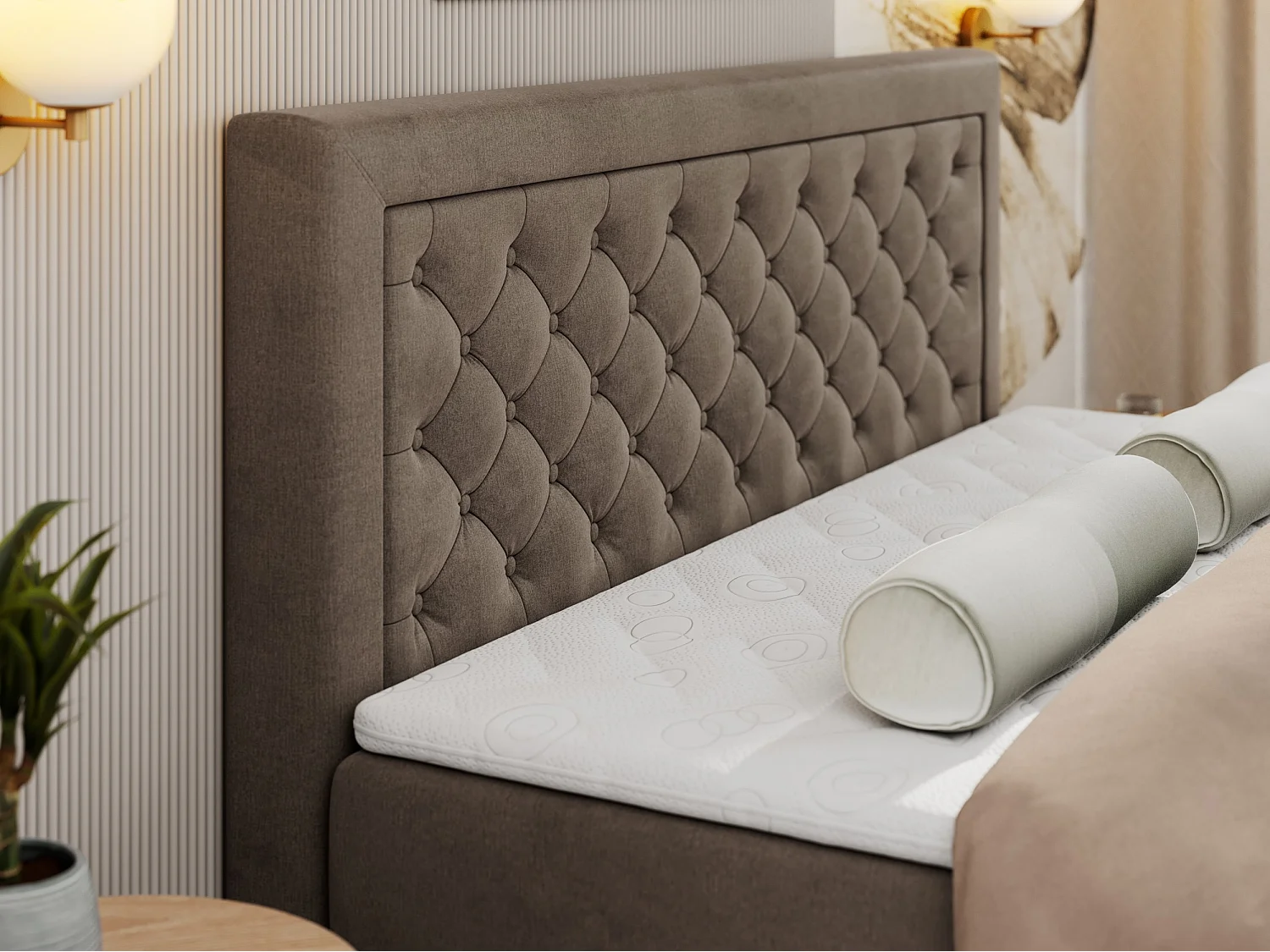 Boxspringbett JASIR - mit gestepptem Kopfteil, Doppelbett für Schlafzimmer, Multipocket-Matratze, Stauraum - 140x200 cm - H4 - Braun Velvet