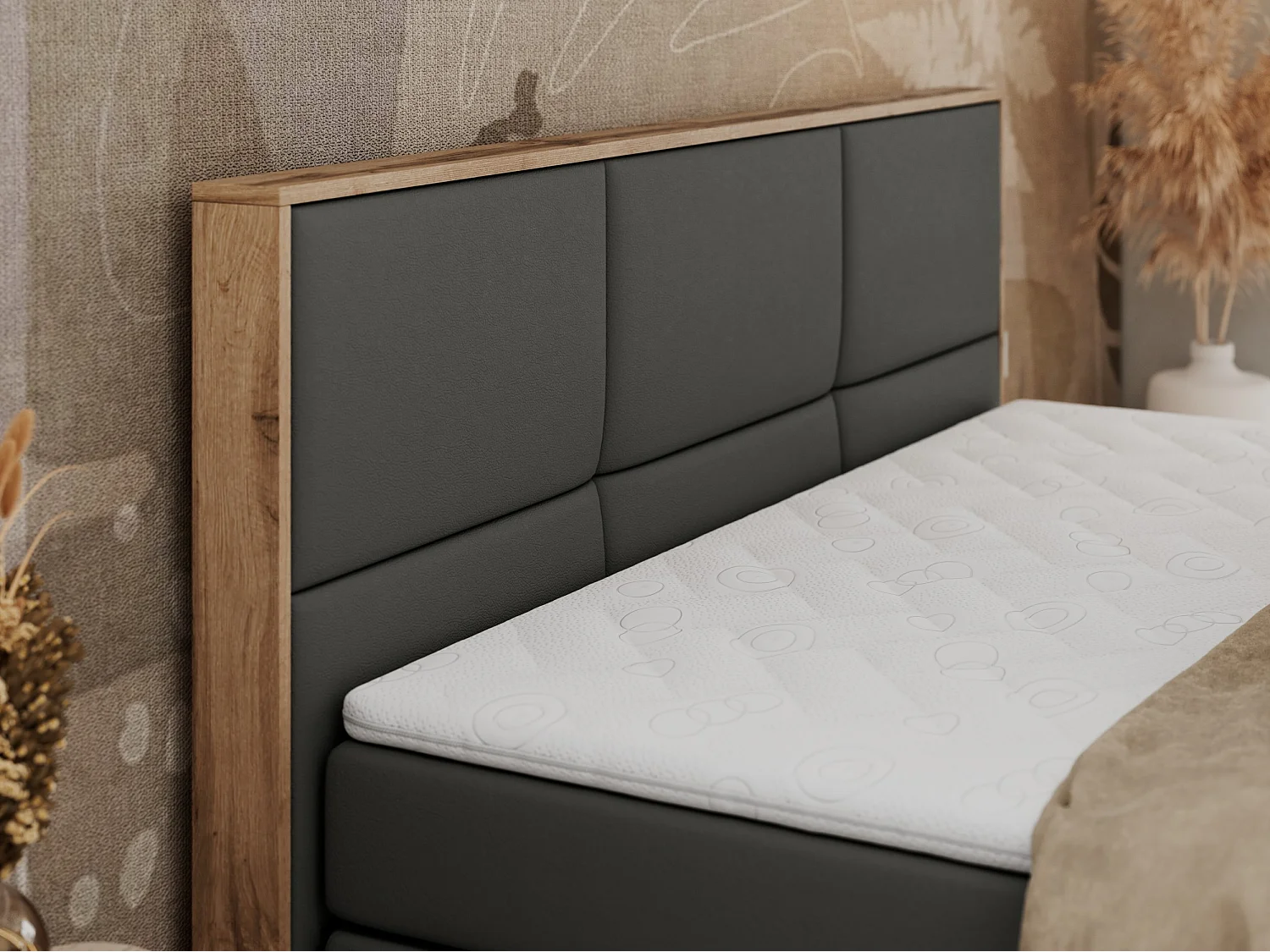 Boxspringbett ALBERO 2 KING DUO - Eiche Wotan Holzrahmen, zwei Multipocket-Matratzen, Bettkästen - 160x200 cm - H3 - Dunkelgrau Kunstleder