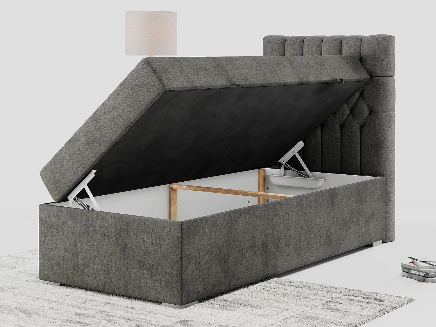 Boxspringbett PERA - Einzelbett mit Kopfstütze, Polsterbett, Multipocket-Matratze, genähtes Kopfteil - 90x200 cm - H3 - Dunkelgrau Velvet - Rechts Seite