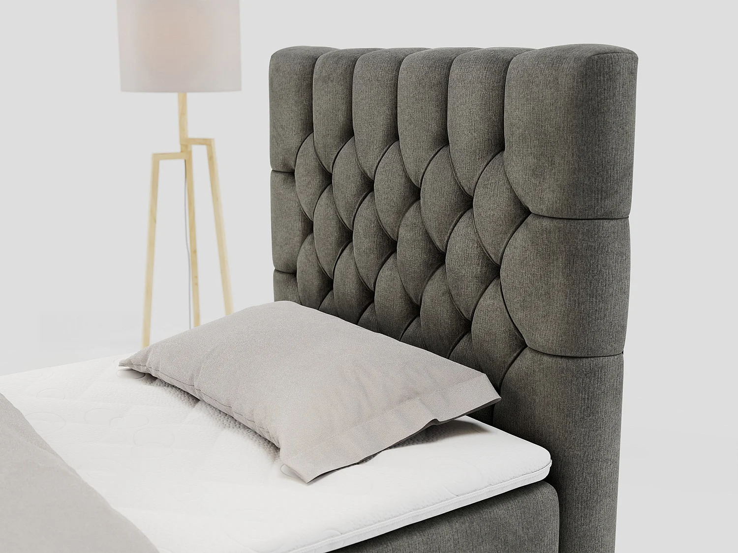 Boxspringbett PERA - Einzelbett mit Kopfstütze, Polsterbett, Multipocket-Matratze, genähtes Kopfteil - 90x200 cm - H3 - Dunkelgrau Velvet - Rechts Seite