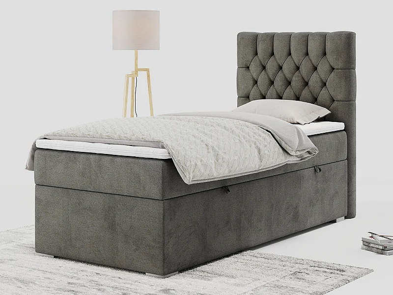 Boxspringbett PERA - Einzelbett mit Kopfstütze, Polsterbett, Multipocket-Matratze, genähtes Kopfteil - 90x200 cm - H3 - Dunkelgrau Velvet - Rechts Seite