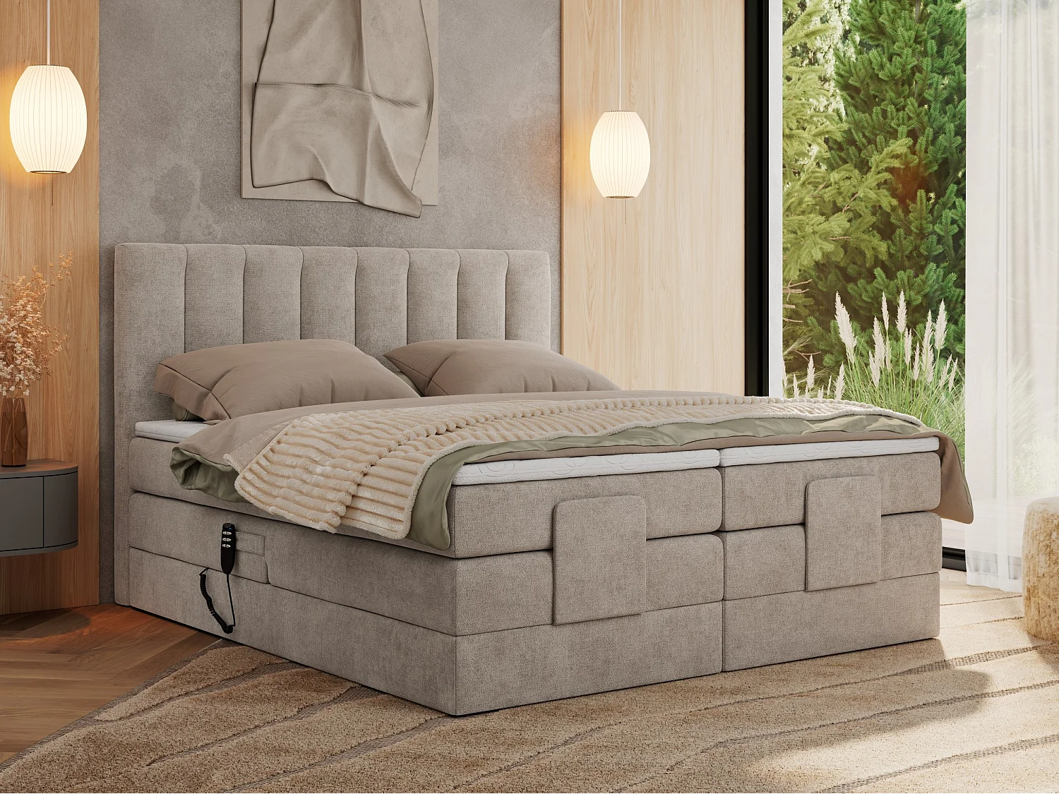 Boxspringbett COMFORTO - Doppelbett, Elektrisch verstellbare, Multipocket-Matratzen und Topper, genähtes Kopfteil - 160x200 cm - H3 - Beige Strukture