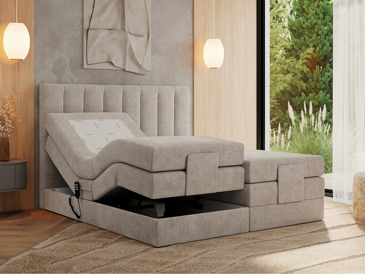 Boxspringbett COMFORTO - Doppelbett, Elektrisch verstellbare, Multipocket-Matratzen und Topper, genähtes Kopfteil - 160x200 cm - H3 - Beige Strukture