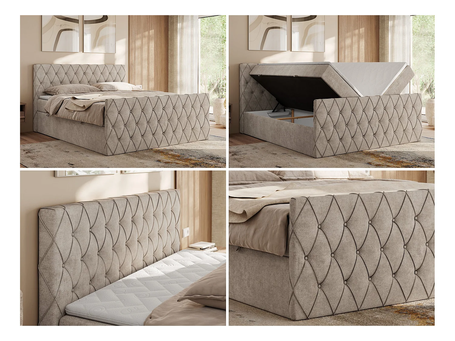 Boxspringbett MIREN DUO - mit gestepptem Kopfteil und Front, Multipocket-Matratze, zwei Bettkästen - 160x200 cm - H4 - Beige Strukture