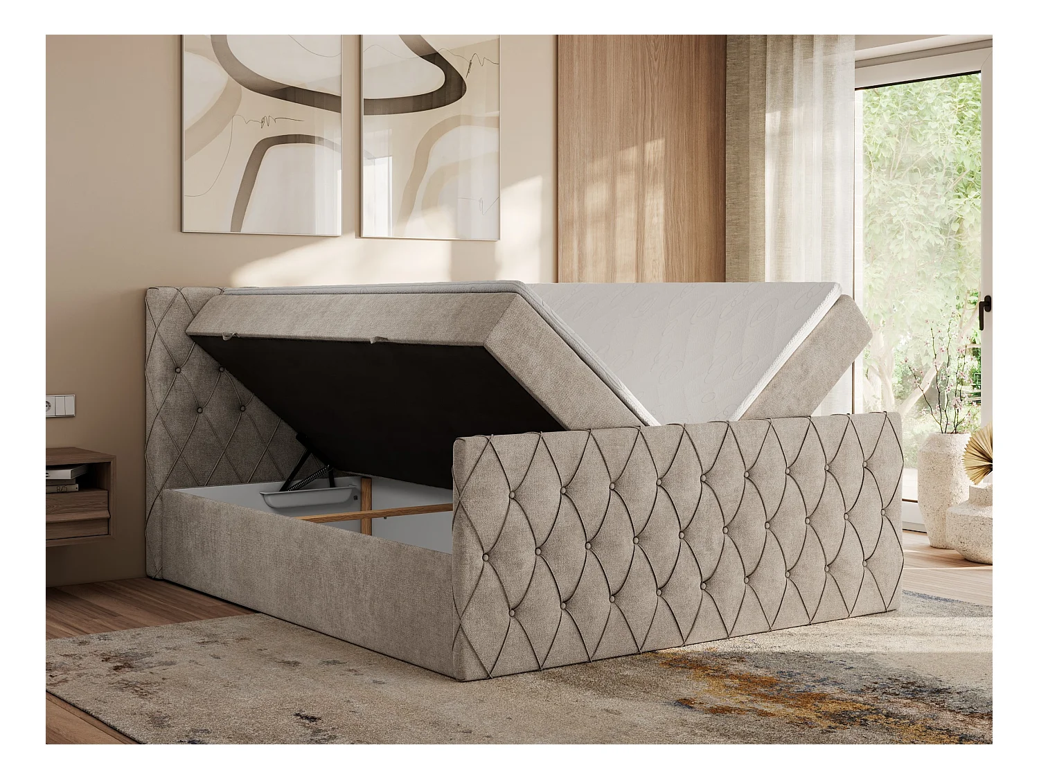 Boxspringbett MIREN DUO - mit gestepptem Kopfteil und Front, Multipocket-Matratze, zwei Bettkästen - 160x200 cm - H4 - Beige Strukture