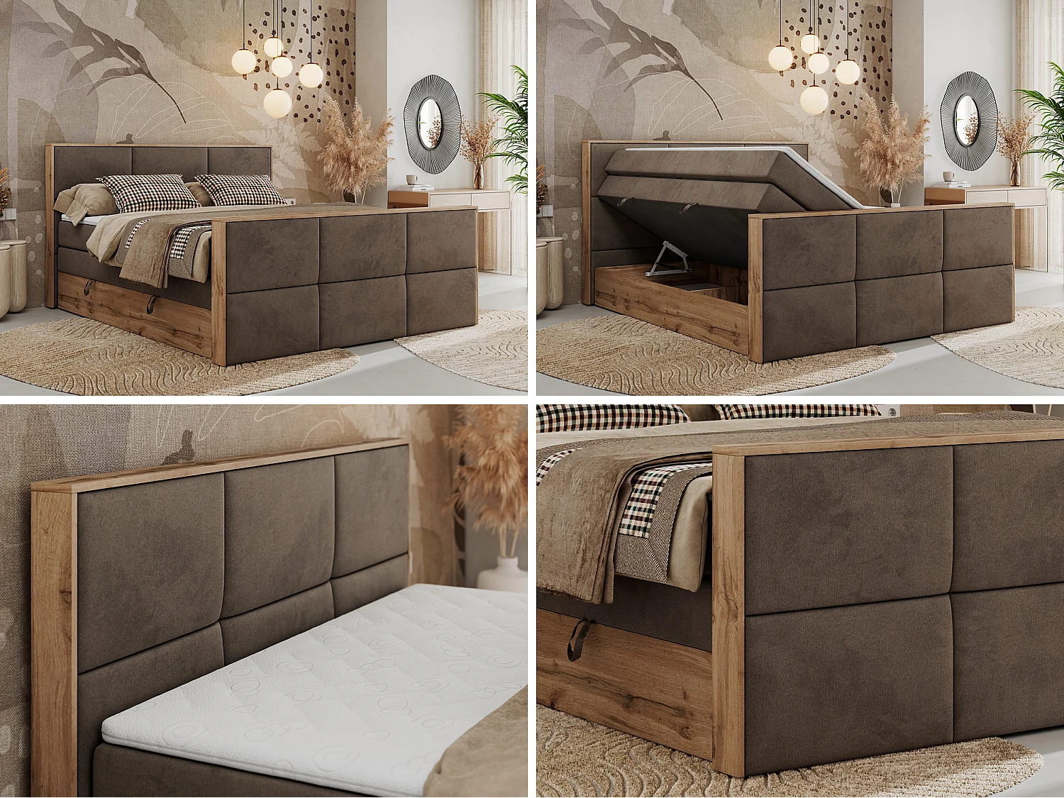Boxspringbett ALBERO 2 KING DUO - Eiche Wotan Holzrahmen, zwei Multipocket-Matratzen, Bettkästen - 120x200 cm - H3 - Braun Velvet