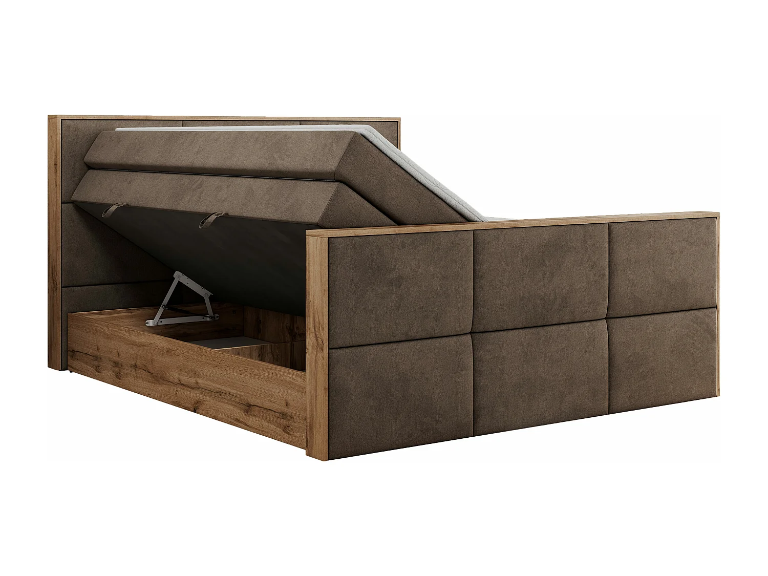 Boxspringbett ALBERO 2 KING DUO - Eiche Wotan Holzrahmen, zwei Multipocket-Matratzen, Bettkästen - 120x200 cm - H3 - Braun Velvet