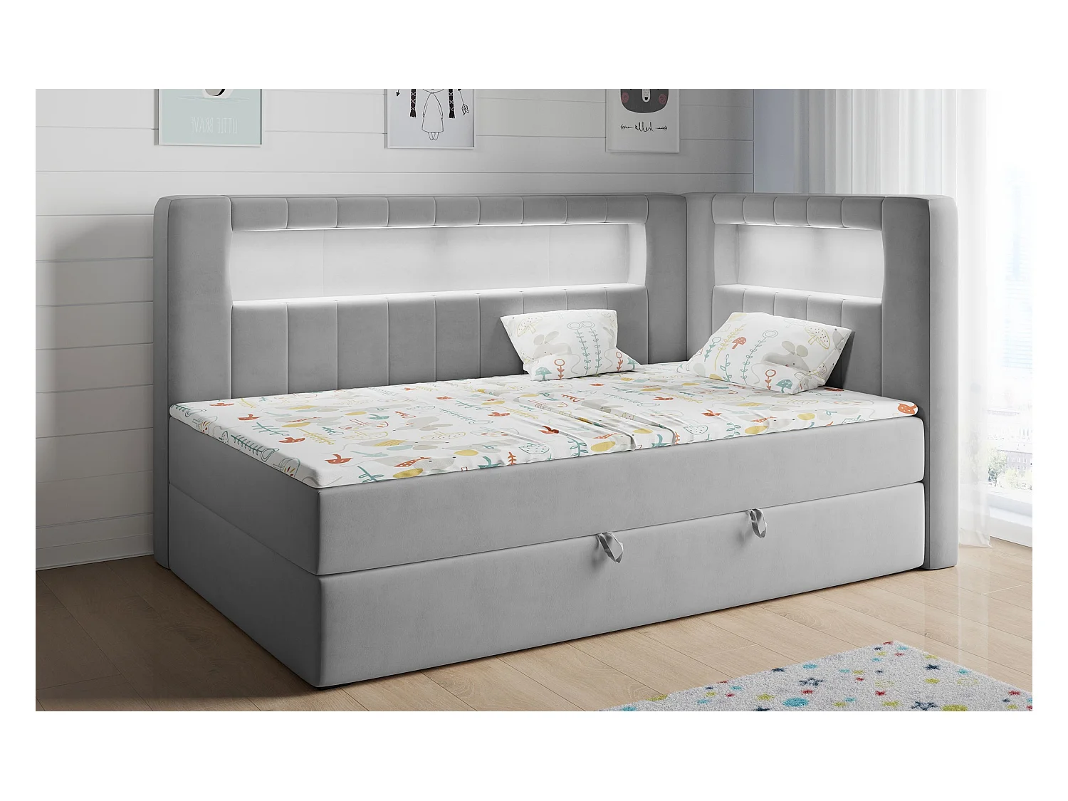 Kinderbett JUNIOR GOLD 3 - Einzelbett mit Matratze, LED-Beleuchtung, Bettkasten - 90x200 cm - Rechts Seite