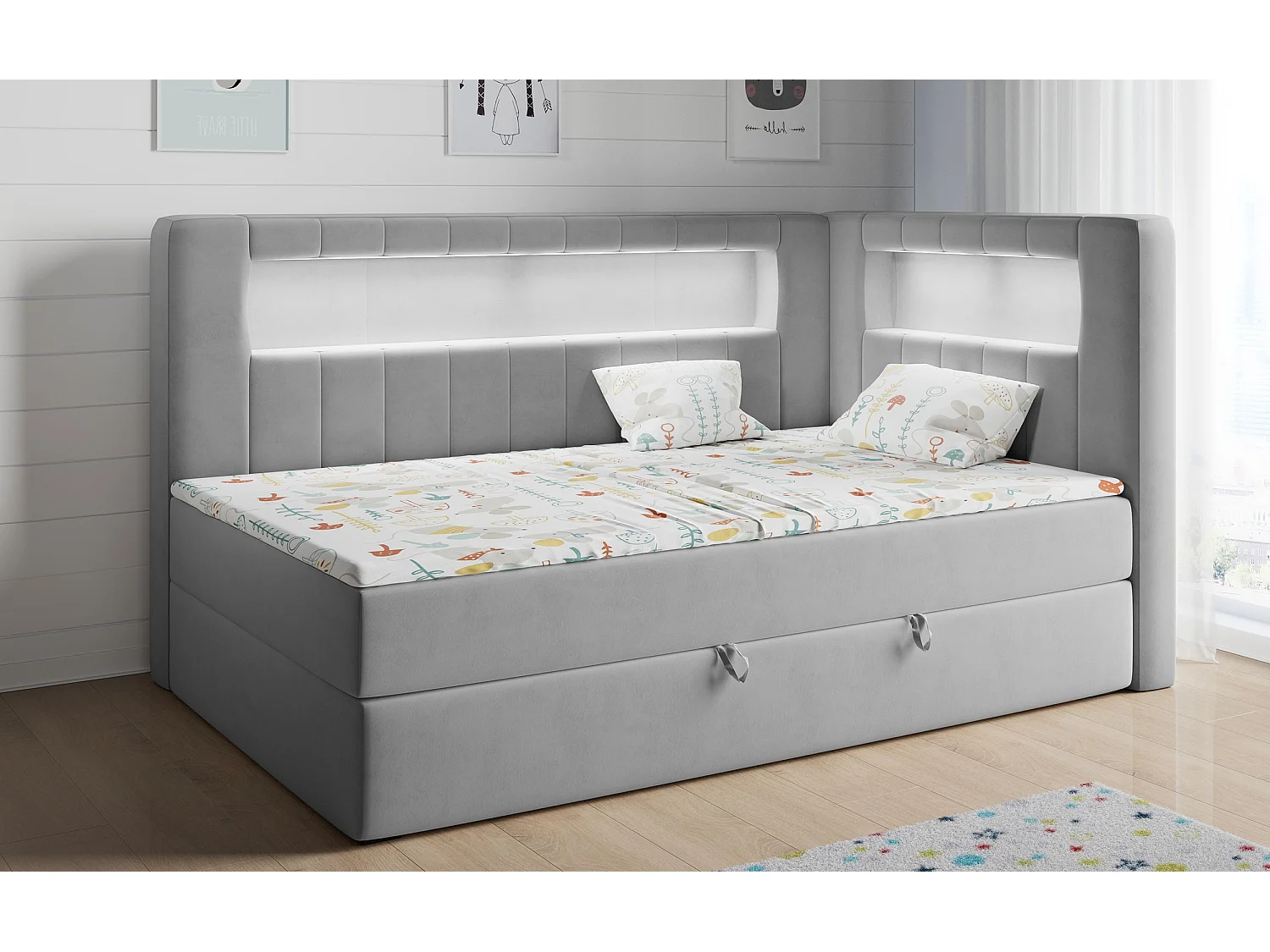 Kinderbett JUNIOR GOLD 3 - Einzelbett mit Matratze, LED-Beleuchtung, Bettkasten - 90x200 cm - Rechts Seite