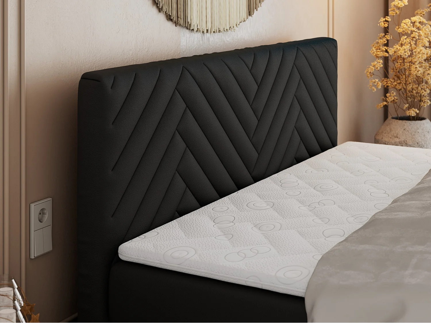 Boxspringbett PARIS KING DUO - dekorative Kopfstütze und Front, zwei Multipocket-Matratze mit Topper - 120x200 cm - H3 - Schwarz Kunstleder