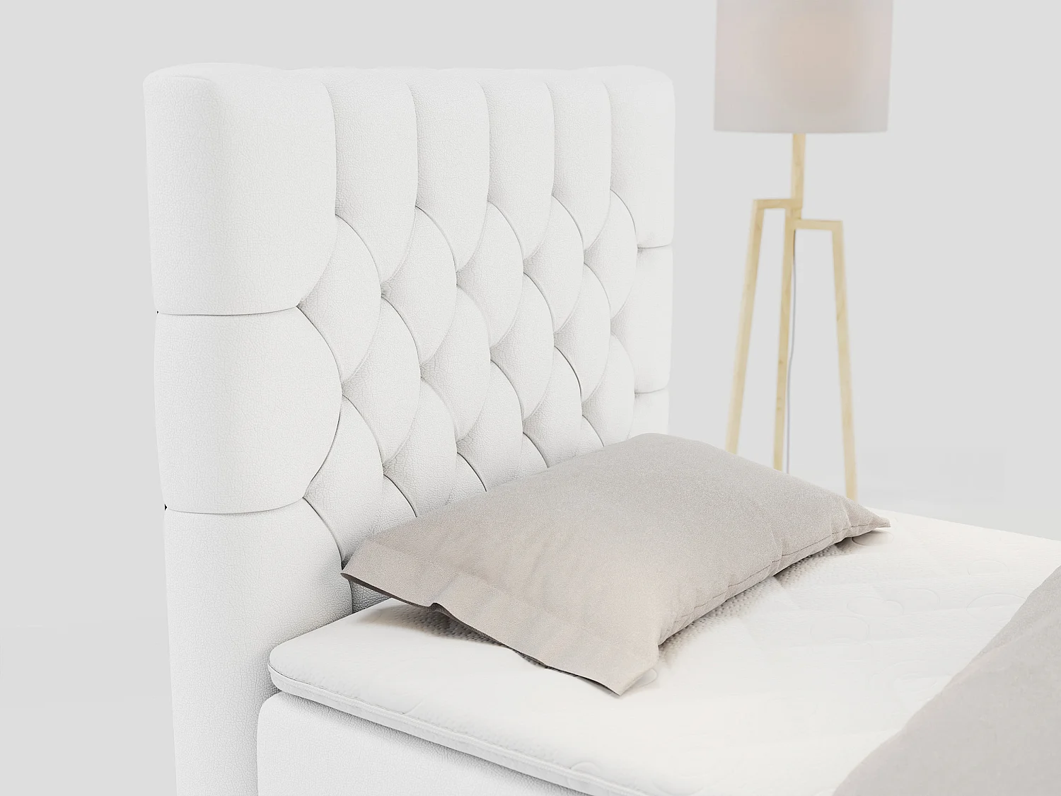 Boxspringbett PERA - Einzelbett mit Kopfstütze, Polsterbett, Multipocket-Matratze, genähtes Kopfteil - 90x200 cm - H4 - Weiß Kunstleder - Links Seite