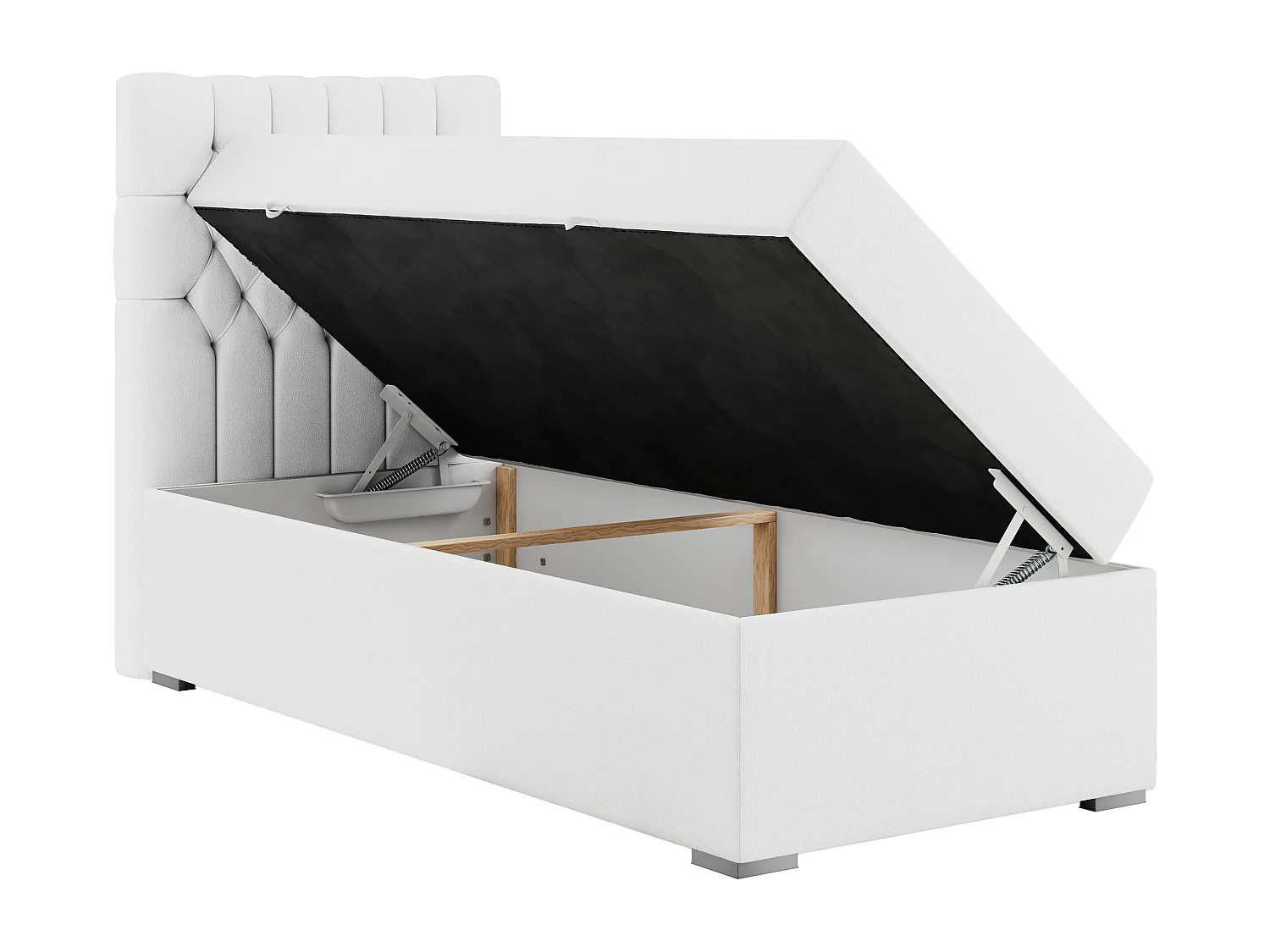 Boxspringbett PERA - Einzelbett mit Kopfstütze, Polsterbett, Multipocket-Matratze, genähtes Kopfteil - 90x200 cm - H4 - Weiß Kunstleder - Links Seite