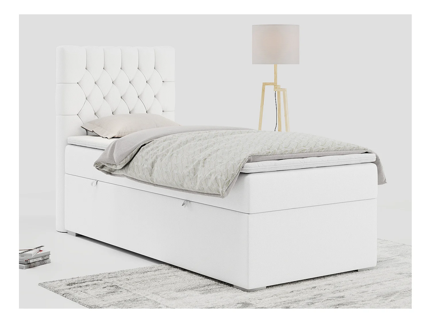 Boxspringbett PERA - Einzelbett mit Kopfstütze, Polsterbett, Multipocket-Matratze, genähtes Kopfteil - 90x200 cm - H4 - Weiß Kunstleder - Links Seite