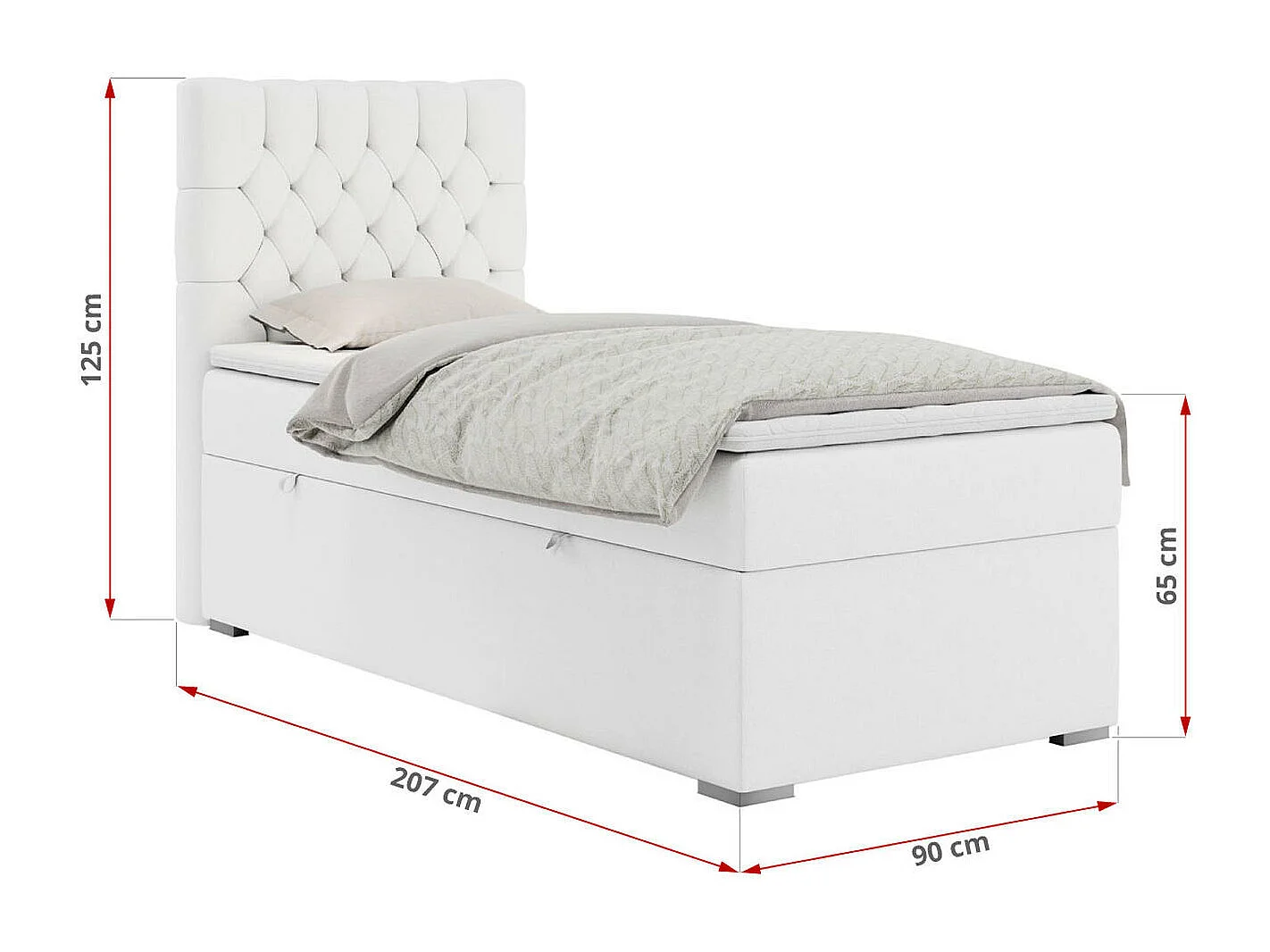 Boxspringbett PERA - Einzelbett mit Kopfstütze, Polsterbett, Multipocket-Matratze, genähtes Kopfteil - 90x200 cm - H4 - Weiß Kunstleder - Links Seite