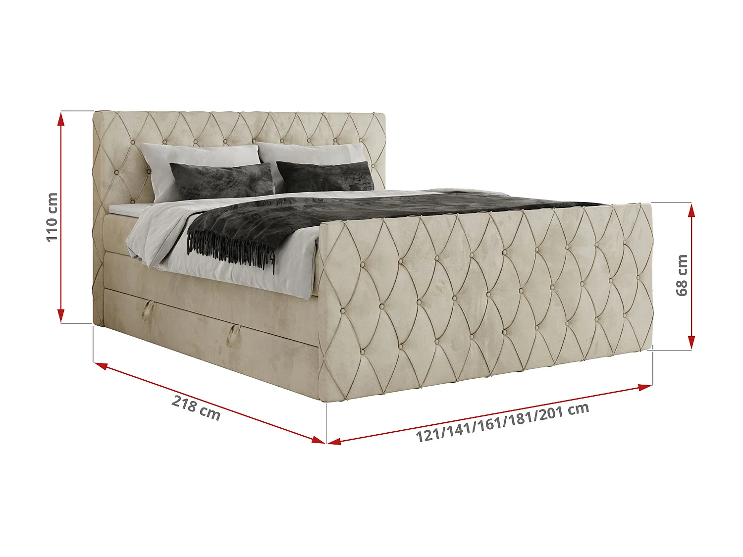 Boxspringbett MIREN KING DUO - für Schlafzimmer mit zwei Multipocket-Matratzen und Topper, gestepptes Kopfteil und Front  - 140x200 cm - H3 - Beige Velvet