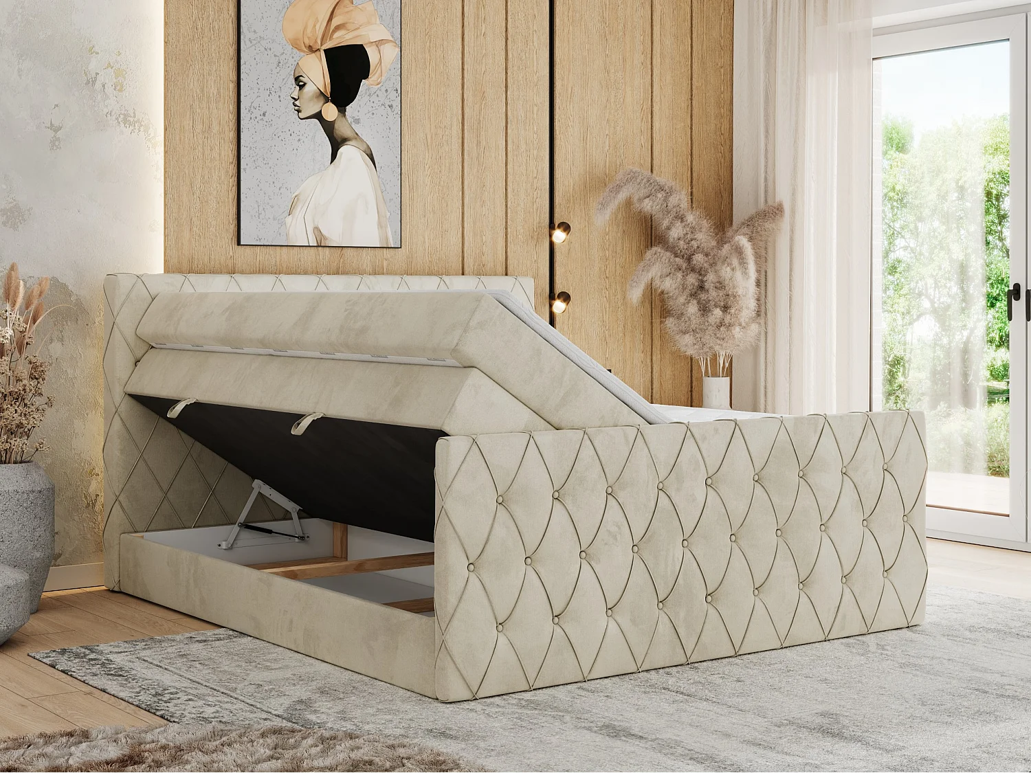 Boxspringbett MIREN KING DUO - für Schlafzimmer mit zwei Multipocket-Matratzen und Topper, gestepptes Kopfteil und Front  - 140x200 cm - H3 - Beige Velvet