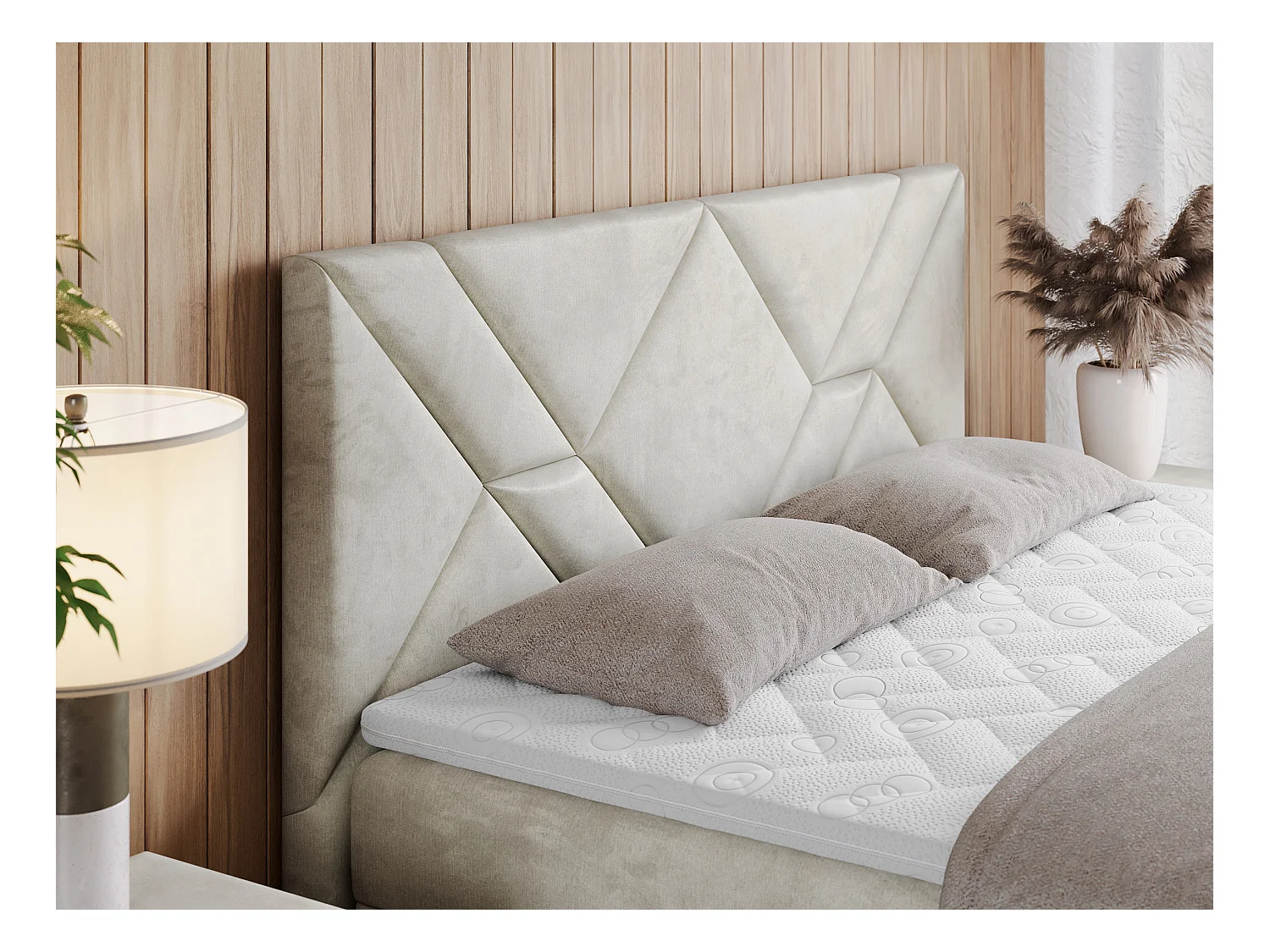 Boxspringbett NEOMI - dekorativem Kopfteil, Polsterbett mit Multipocket-Matratzen, zwei Bettkästen - 160x200 cm - H4 - Hellgrau Strukture