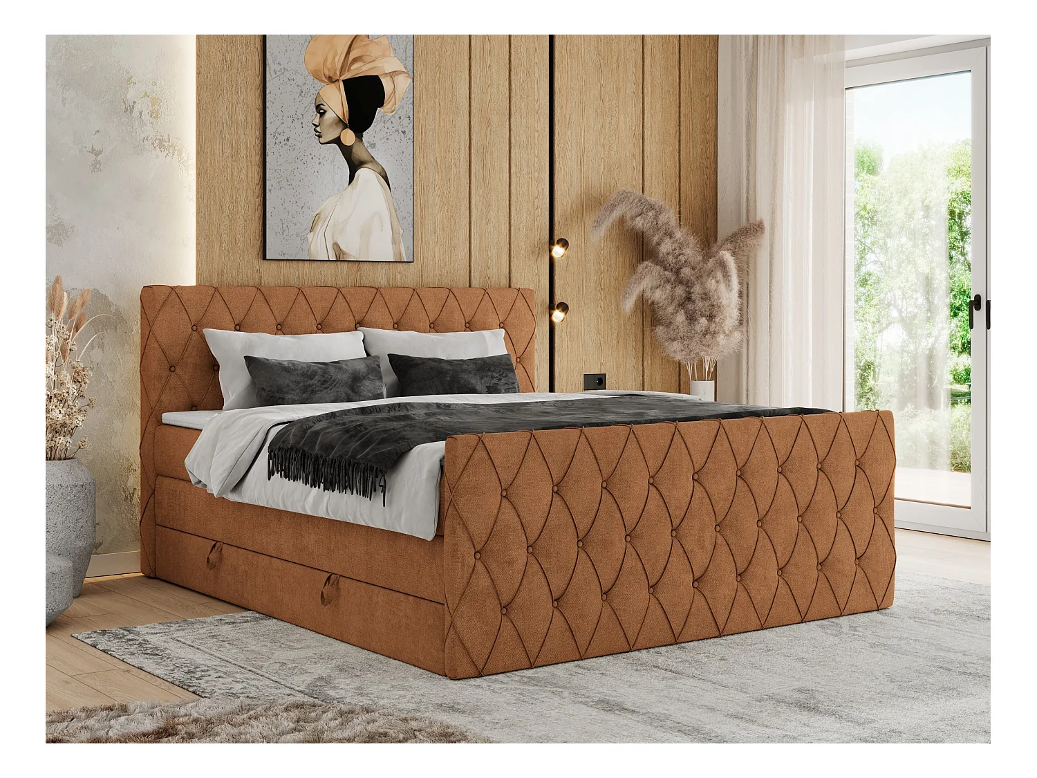 Boxspringbett MIREN KING DUO - für Schlafzimmer mit zwei Multipocket-Matratzen und Topper, gestepptes Kopfteil und Front  - 160x200 cm - H4 - Orange Strukture