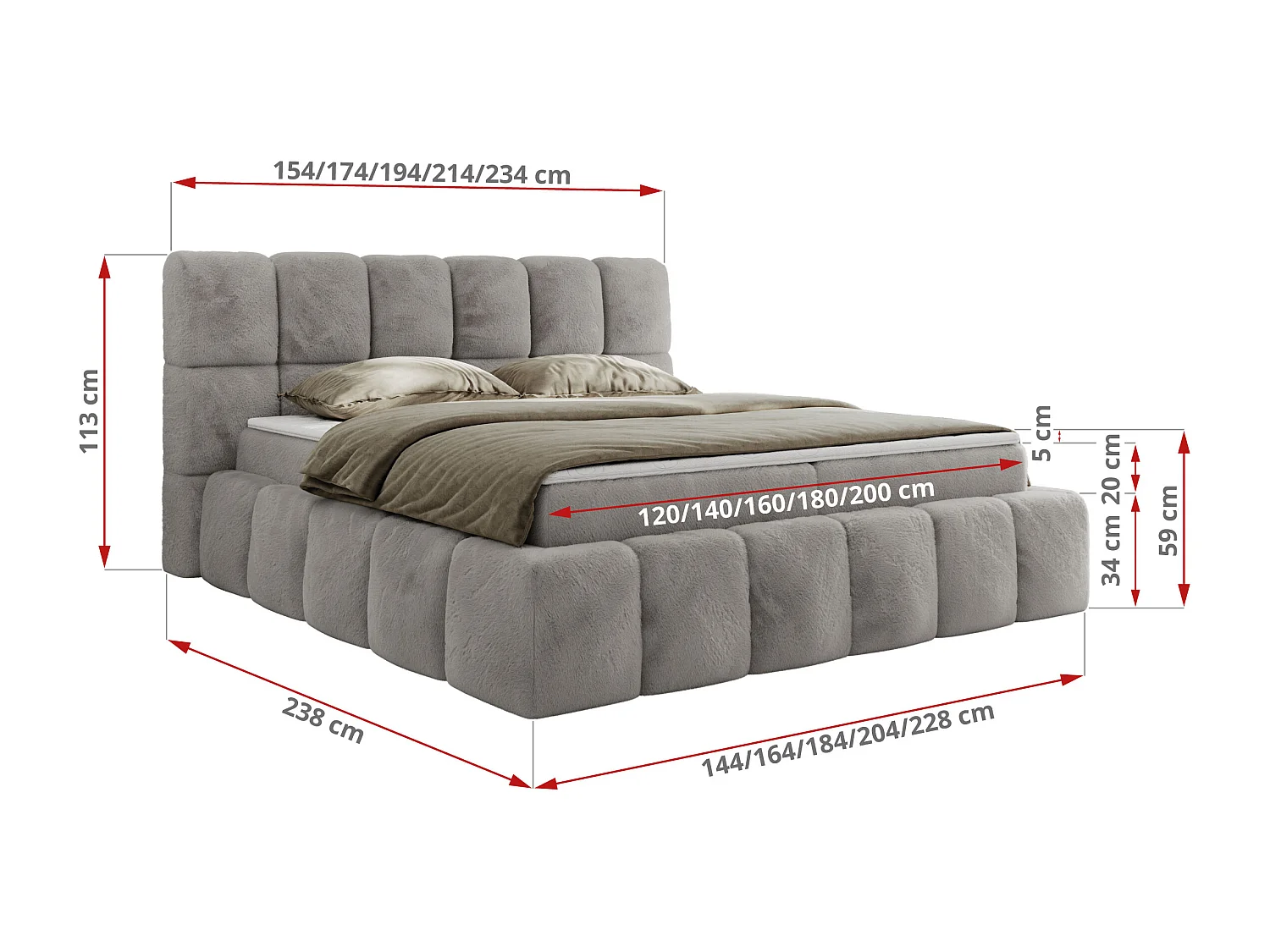 Boxspringbett NIRA - dekorativ kopfteil, Bettkästen und Multipocket-Matratze, Doppelbett für Schlafzimmer - 120x200 cm - H4 - Hellgrau Plüsch