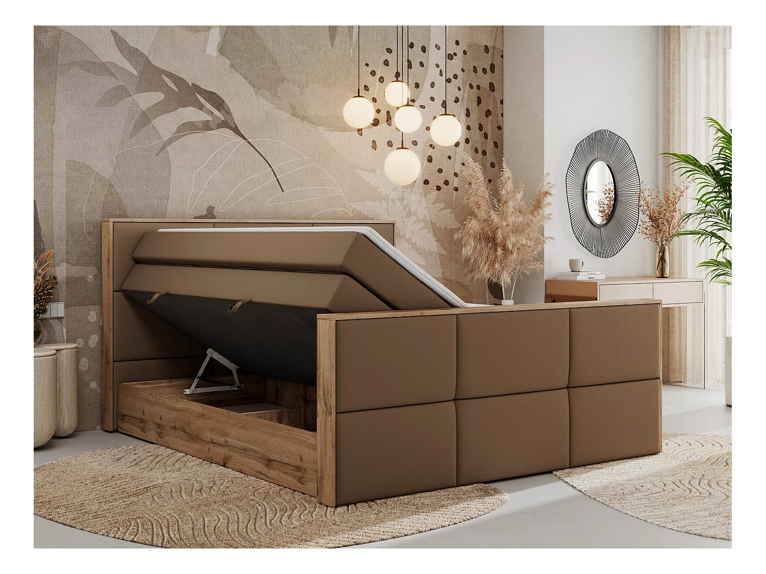 Boxspringbett ALBERO 2 KING DUO - Eiche Wotan Holzrahmen, zwei Multipocket-Matratzen, Bettkästen - 200x200 cm - H3 - Braun Kunstleder