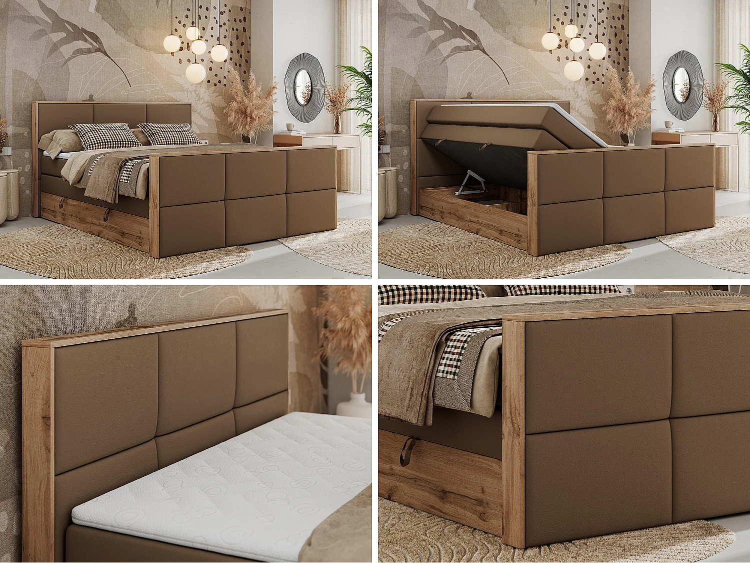 Boxspringbett ALBERO 2 KING DUO - Eiche Wotan Holzrahmen, zwei Multipocket-Matratzen, Bettkästen - 200x200 cm - H3 - Braun Kunstleder